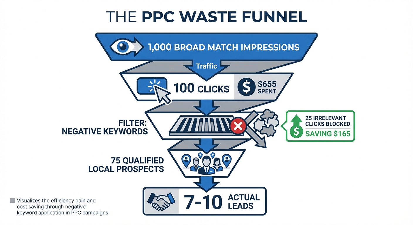 Visualization of PPC waste funnel showing how negative keywords filter irrelevant traffic